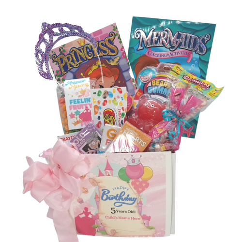 HHappy Birthday Princess Fun Personalized Gift Basket Box: So much fun packed into this Princess themed Happy Birthday gift box. A Princess Tiara in either pink, purple or silver, and filled with activities and treats to learn and enjoy. Great for ages 4 and up. Comes with a Beary Gummy Super squeezy toy, Princess coloring activity book, crayons, 3-kids playing card sets, Jelly Belly assorted jellybeans, Princess – Tutti Fruity Popcorn, carnival twist pops, Happy Birthday bag of hard candies name brand mix such as Starburst, SweetTarts, Skittles and much more.  Personalized options, fill out here, before placing in the cart.  Includes:  Princess Tiara in either pink, purple, or silver, Princess Coloring Book Mermaids Coloring & Activity Set, 6 pc Crayon set, 3 playing card games, Go Fish, Old Maids, Monster Hearts, Beary Gummy Toy in assorted colors, super squeezy toy for ages 4 and up, Toy measures approximately 5 inches by 3.3 inches. Conforms to the safety requirements of ASTM F963. Carnival assorted Twist Pops, 6 oz Princess Fruity Fun – Candy Coated Popcorn, 1 oz Jelly Belly 20 Flavor Snack Bag, 2 oz festive bag of mixed brand name candy such as Starburst, SweetTarts, Tootsie Roll, Jolly Rancher Skittles, Nerds, LaffyTaffy or Tootsie Fruit Chews. Mix may vary in each gift.  Happy Birthday Princess greeting card: Personalized Child’s Name Child’s Age Your personal message on the flip side, tucked into the front of the gift box as shown.    Gift comes wrapped in cellophane with decorative bow