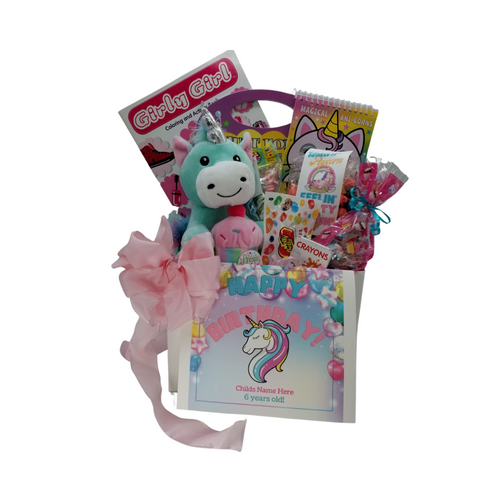 Happy Birthday Unicorn Fun Personalized Gift Basket Box: So much fun packed into this Unicorn themed Happy Birthday gift box filled with activities and treats to learn and enjoy. Great for ages 3 and up. Comes with a musical plush Happy Birthday to you singing Unicorn. Unicorn coloring activity book, crayons, 3-kids playing card sets, Jelly Belly assorted jellybeans, Unicorn – Tutti Fruity Popcorn, carnival twist pops, Happy Birthday themed Cotton Candy flavored puffs, Festive Box of hard candies name brand mix such as Starburst, SweetTarts, Skittles and much more.  Personalized options, fill out here, before placing in the cart.  Includes:  Plush Unicorn Singing Cup Cake: A seafoam green unicorn with multicolored tail and mane and a silver horn. It is holding a decorated cupcake between the front legs with a cherry on top. There is a musical "Happy Birthday" IC chip inside the cupcake that sings the song 2 times. Magical Unicorn Coloring Book, with google eyes Just for Girls Coloring & Activity Set, with stickers, Girly Girl Coloring and Activity book, 6 pc Crayon set, Carnival assorted Twist Pops, 6 oz Unicorn Fruity Fun – Candy Coated Popcorn, 2 oz festive bag Cotton Candy Puffs 1 oz Jelly Belly 20 Flavor Snack Bag  Happy Birthday Unicorn greeting card: Personalized Child’s Name Child’s Age Your personal message on the flip side, tucked into the front of the gift box as shown.    Gift comes wrapped