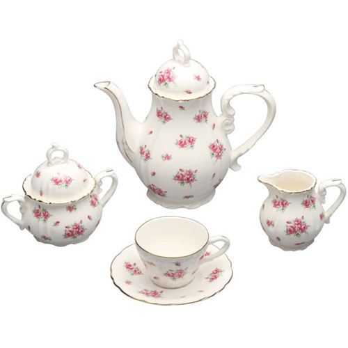 Red Rose Bud 11 pc Demitasse Set - Porcelain: Special Purchase Made of Porcelain, dainty Red Rose print, Gold Trimmed 2 cup Coffeepot. 2 oz Demi Cup. includes one Coffeepot . one of sugar and creamer. 4 (2 oz Demi Cup) of cup and saucer. Gift Boxed  Gifting Idea: Birthday, Bridal Shower, or Mother's Day.  treat yourself or someone you love!    Includes:  11 pc porcelain Demitasse Set 1- 2 cup Coffeepot 4 -2 oz cup/saucer set 1- cream/sugar set Dishwasher safe   Complimentary Enclosure Card