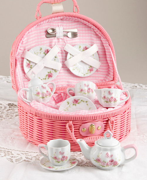 Toy Porcelain Tea Set in Basket- Pink Blush: It's a tea party set for two! Pink floral print on white background print tea set in a pink picnic basket with matching check cloth liner. Perfect activity set for any little girl. By Delton ages 8+  1-Teapot, 2-Cup and Saucer, 2-Serving plates, 2 each, Spoon and Fork, 1-Storage Picnic basket.  This set is part of the Cornucopia's Toy Tea party set and comes with additional add ons:  Perfect tea party companion doll by Apple Dumplin Dolls 1 oz (12 tea parties or more) Children's Tea available There is hardly another fruit on this planet which is as popular among young and old as the strawberry. We are, therefore, presenting our particular, decaffeinated, flavored green tea variation. Its mild and, at the same time, intense taste is due to a natural strawberry flavoring, which shines when interacting with the soft tea basis. Ingredients: decaffeinated green tea, freeze-dried strawberry pieces, natural flavoring type strawberry. All choices are shipped together in one box. Gift card enclosure