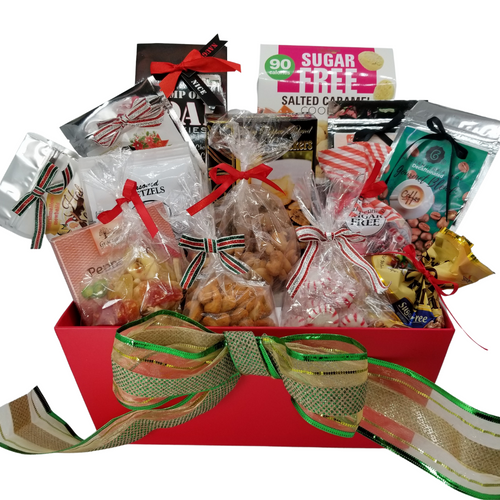 Naughty & Nice Mix Christmas Gourmet Foods Gift Basket:  A little naughty with sugar on one side and a little nice for those that need sugar free in one household!  A gourmet hamper of Christmas Snacks, Cookies, Crackers, Meat & Cheese that fits both diet types so they can splurge together, what fun and so delicious!  •	Reusable heavy weight paper board gift tray with hand holes, •	1 oz Cornucopia's Gourmet Whole Coffee Bean, •	1 oz Cornucopia's Gourmet Whole Decaffeinated Coffee Bean, •	1 oz Cornucopia’s Christmas Sugar Pear Cinnamon Loose Leaf Tea, •	1 oz Cornucopia’s Hot Chocolate with Mini Marshmallows,  •	2 oz East Shore Pretzels, Seasoned, •	6 oz boxed Sugar Free Salted Caramel Cookies by Too Good Gourmet, •	3 oz Dark Chocolate Lump of Coal Cookies, •	1 oz. Black Pepper Water Cracker, •	 3.5 oz Glacier Ridge Pepper Jack Cheese Spread, •	5 oz Deluxe Mixed Nuts, Cashews, Pistachios, Almonds, Hazelnut, Walnuts •	5 oz Tropical Trail Mix, •	5 oz Chili Lime Cashews, •	1.46 oz Werther’s Original sugar free Caramel Chocolate hard candies, •	3 oz Sugar Free Starlight Peppermint hard candies, •	2 oz Peppermint Candy Cane hard candies. *Not all items are sugar free, this gift combines both for a diet mix household to share.  Gift comes wrapped in cellophane with hand tied bow, a complimentary enclosure card with your personal message.