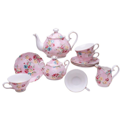 Shabby Rose Grace 11pc Tea Set-Pink: Grace's Teaware, Porcelain Teapot with 4 Cup/saucer set, Cream & Sugar, in a shabby chic pink floral print with pink background, white handle and spout gold Trimmed. Made of Porcelain.    1 Teapot, 1 Set of Sugar & Creamer, 4 Sets of Cup & Saucer.    Enclosure card included with your personal message.