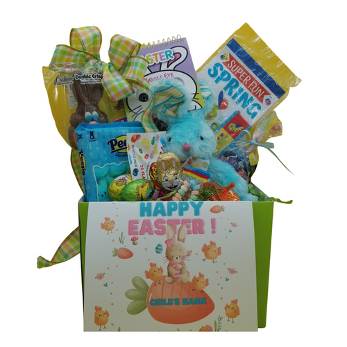 Happy Easter Fun Personalized Gift Basket Box: So much fun packed into this Happy Easter gift box filled with activities and treats to learn and enjoy. Great for ages 4 and up.  Personalize with their name printed on the carrot and your gift message printed on the flip side.  Cellophane wrapped with a handtied bow.   Includes:  Spring Coloring Book and Crayons, Plush Easter Bunny in either pink, white or blue, 1 oz Jelly Belly 20 Flavor Snack Bag, Easter Wiggly Eye Coloring Book, Easter Bunny Marshmallow Peeps in either Yellow or Blue, 3.35 oz Palmer Easter Chocolate Crispy Carrot Bag, 3 pc Gourmet French Chocolates by Rohan, Bunny, and Egg assortment, 1 Candy Bracelet,  1 Bunny Chocolate Easter Pop, either white or chocolate,  1 pkg of Sour Patch Kids, Rainbow Stripe Strips, 2 oz Assorted mix of name brand candy such as Starburst, SweetTarts, Tootsie Roll, Jolly Rancher Skittles, Nerds, LaffyTaffy or Tootsie Fruit Chews. Mix may vary in each gift. In Easter Candy Bag.  Happy Eater greeting card: Personalized Child’s Name Your personal message on the flip side, tucked into the front of the gift box as shown.    Gift comes wrapped in cellophane with decorative bow