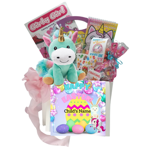 Happy Easter Unicorn Fun-Personalized Gift Basket Box: So much fun packed into this Unicorn themed gift box filled with activities and treats to learn and enjoy. Great for ages 3 and up. Comes with a Unicorn Plush Toy. Unicorn coloring activity book, crayons, 3-kids playing card sets, Jelly Belly assorted jellybeans, Unicorn – Tutti Fruity Popcorn, Easter Chocolate Candy, Festive Box of hard candies name brand mix such as Starburst, SweetTarts, Skittles and much more.  Personalized options, fill out here, before placing in the cart.  Includes:  Plush Unicorn,  Magical Unicorn Coloring Book, with google eyes Just for Girls Coloring & Activity Set, with stickers, Girly Girl Coloring and Activity book, 6 pc Crayon set, 6 oz Unicorn Fruity Fun – Candy Coated Popcorn, 2 oz festive bag Chocolate mix of easter eggs, bunny and carrots, 1 oz Jelly Belly 20 Flavor Snack Bag Happy Easter Unicorn greeting card: Personalized Child’s Name Your personal message on the flip side, tucked into the front of the gift box as shown.  Gift comes wrapped in cellophane with decorative bow