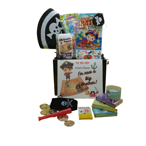 I'm a Big Brother Pirate Fun-Personalized Gift Basket Box: So much fun packed into this Pirate themed I'm a Big Brother gift box filled with activities and treats to learn and enjoy. Great for ages 4 and up. Comes with Pirate playtime essentials, a hat, eye patch, telescope, coin purse with gold coins, Pirate coloring activity book,  crayons, 3-kids playing card sets, Pirates Puzzle, Jelly Belly assorted jellybeans, Pirate – Tutti Fruity Popcorn, carnival twist pops. Personalized options, fill out here, before placing in the cart.  Includes:  Pirate Hat, Pirate Eye Patch, Mini Pirate Telescope, Pirate's Coin Purse with Gold Coins, Pirate Puzzle, Pirate Coloring Book 6 pc Crayon set, 3 playing card games, Go Fish, Crabby Eights, Hearrrts,  Carnival assorted Twist Pops, 6 oz Pirate Fruity Fun – Candy Coated Popcorn, 1 oz Jelly Belly 20 Flavor Snack Bag, I'm a Big Brother, Pirate greeting card: Personalized Child’s Name Child’s Age Your personal message on the flip side, tucked into the front of the gift box as shown.  Gift comes wrapped in cellophane with decorative bow