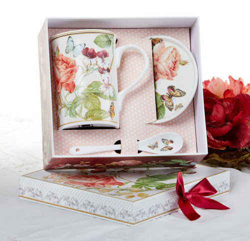 Burgundy Peony Mug Coaster Spoon Set in Gift Box will brighten anyone's day in its own matching print gift box with matching satin ribbon. The matching coaster is perfect for any spot you leave your cup and the porcelain teaspoon makes tea time all the more special. Gifting Idea: birthday gift, bridal shower, get well, office gift, or thank you.  

Includes:

4.9"  Porcelain Mug in gift box
Matching Coaster 
Matching Porcelain Teaspoon 
Dishwasher safe