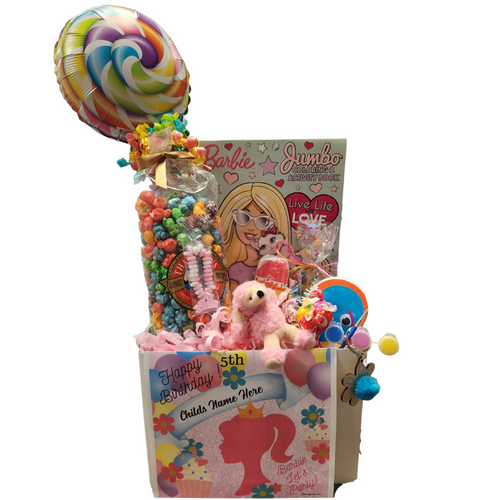 Barbie Happy Birthday Personalized Gift Basket Box: So much fun packed into this Barbie themed gift box. A jumbo Barbie activity and coloring book. crayons, strawberries & creamsicle lollypop, sweet n fruity mix popcorn, pink poodle mini plush toy, bundle of lollypops mixed flavors, flower power cello bag of assorted candies, google r=eyed popsicle note pad, flower power key chain paint kit. Personalized options: fill out on this page, before placing in the cart.   Includes:   Jumbo Barbie Coloring Book,  Plush Mini Pink Poodle,   8 oz bag Thatcher's Fruity Fun – Candy Coated Popcorn,  6 pc Crayon set,  Flower Power Key Chain Paint Kit,  Assorted Flavor Mix Lolly-Pop Bundle,  2 oz festive bag Hard Candy,   Strawberries and Creamsicle Lolly-Pop,  Carnival Popsicle Balloon with ribbon curls,   Get Well Barbie greeting card: Personalized   Child’s Name  Your personal message on the flip side, tucked into the front of the gift box as shown.     Gift comes wrapped in cellophane with decorative bow
