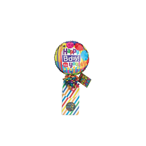 Birthday Celebration Balloon Candles Candy Box.  Sometimes a little can say so much and make their special day just a bit more special knowing you thought of them.  Send a smile today, send this birthday giftable.   Includes heavy paperboard candy box filled with a mix of name brand candy, Starburst, SweetTarts, Tootsie Roll, Jolly Rancher Skittles, Nerds, LaffyTaffy, or Tootsie Fruit Chews. Happy Birthday Candles 9" air-filled balloon, ribbon curls, and your personal message on a gift card.