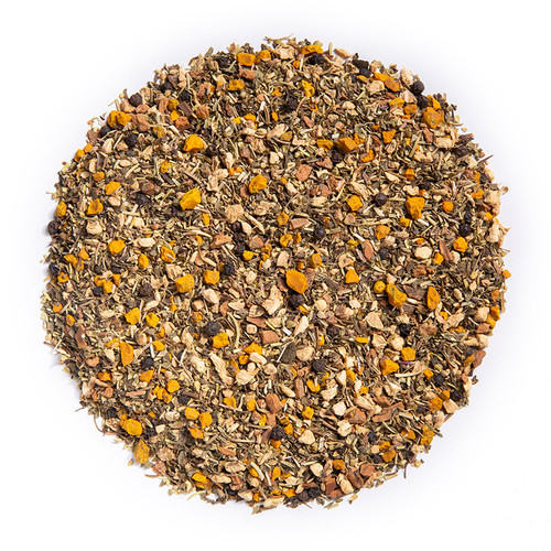 Anti Inflammation - Wellness Tea (loose Leaf) Ayurvedic Infusion aims to soothe inflammation within the mind and body.*  Ingredients: Organic Turmeric Root, Organic Ginger Root, Organic Peppermint, Organic Amalaki, Organic Rosemary, Organic Cinnamon, Organic Black Pepper, and Organic Oregano.  Taste: savory turmeric blend with a ginger finish.  Cornucopia's Tea line of organic Ayurvedic Infusions aims to promote balance between the mind, body and spirit. These adaptogenic tea blends are meant to align the inner elements and forces of the body, to the outer elements and forces of the universe.