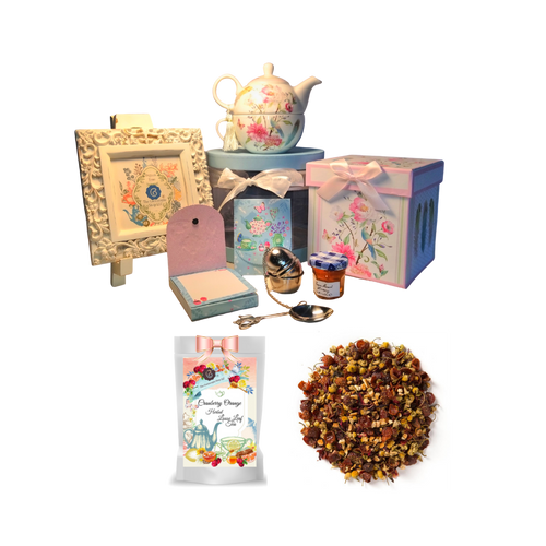 Tea for One Gift Set- Feather & Floral, will brighten anyone's day with this beautiful tea for one gift set in its own matching print gift box with matching satin ribbon. A decorative tassel on the handle adds a lovely finishing touch. Cornucopia's Loose-Leaf Tea, 1 oz honey, Tea Filter, embossed stationary purse pad in a coordinated colors and pattern. Gifting Idea: birthday gift, bridal shower, get well, thank you or treat yourself. Holds enough for a refill without leaving your comfy spot, desk or sip for an evening nightcap.   Gift Set Includes: •	5.8" Tea for One Set in gift box, stacked teapot and oversized teacup, soft white background with a feather and floral print, dishwasher safe. •	1 oz of Loose-Leaf Cornucopia Tea. 7T6359 Herbal Cranberry Orange combines cranberry essence with a unique base of chamomile flowers and orange peel.  o	Cornucopia Teas come in resealable pouches with decorative tea labels as shown in the image, along with a brewing guide. •	1 oz Bonne Maman honey, •	Embossed Purse Pad.  Each pad is 3 inches x 4 inches and has 100 coordinating patterned pages and a magnetic closure •	Teapot design tea measuring spoon, holds enough for one cup of brewed tea •	Tea Egg stainless steel Tea Filter with drip catcher by Cha Cult (Germany)