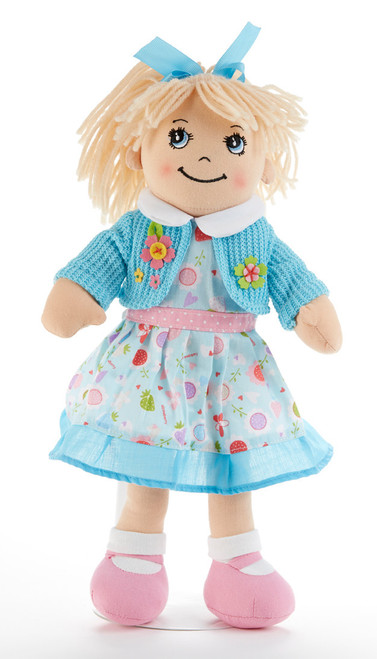 14" Apple Dumplin Blue Floral Doll: She's all dressed up in her prettiest play dress of blue floral with matching sweater, pink shoes and matching ribbon in her pony tail!   She's just waiting to be invited to Tea! Includes:  1 14" Apple Dumplin Doll
