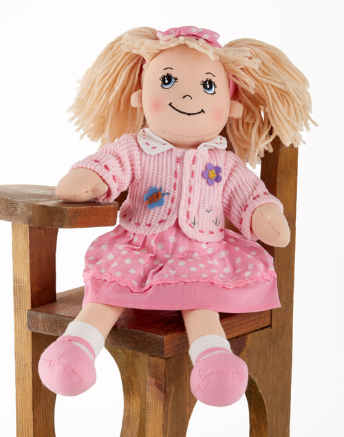 114" Apple Dumplin Pink Dot Doll: She's all dressed up in her prettiest play dress of pink pastel polka dots, pink shoes and matching sweater and ribbon in her hair.  A perfect tea party companion.   She's just waiting to be invited to Tea!    Includes:  1 14" Apple Dumplin Doll