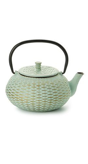 Teapot "Fuzhou", Ironware, 3 cups / 27.1 fl.oz with stainless steel strainer   Made of high quality materials and crafted by artisans in traditional ways for centuries with beautiful textured patterns and enameled inside. Cast Iron teapots are to be used just as you would a porcelain teapot by boiling water and pouring into your cast iron teapot.  Although these are made of cast iron, they are not a tea kettle which is made to withstand the high heat of the stove top.    green with relief,  enameled inside,  stainless steel strainer  To clean, rinse with warm water and hand dry.  Not dishwasher safe.  Not for stove top or microwave use.