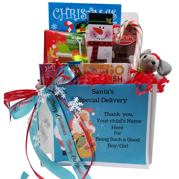Santa's You've Been Good -Personalized Gift Basket Box: Santa has a special you have been good message filled with Christmas treats and activity coloring set for boys or girls. Personalize this gift with their name, and what they did to get on Santa’s very good list! Christmas coloring activity book, crayons, 3-kids playing card sets, stuffed Christmas Mouse, Jumbo Candy Cane, Too Good Gourmet Christmas Sugar Cookie Box. Personalized options, fill out here, before placing in the cart. Includes: •	Christmas Coloring Book, •	6 pc Crayon set, •	Christmas Character Box Sugar Cookie, •	Jumbo Peppermint Candy Cane, with Christmas Mouse, •	Too Good Gourmet Milk Hot Chocolate with snow shovel spoon, •	Rudolph Chocolate, Palmer's,  •	3 playing card games, Go Fish, Old Maids, Monster Hearts, •	Santa Special Christmas message: Personalized o	Child’s Name o	You made Santa’s Good List for: 	Completing my chores 	Being a good big Brother or Sister 	Completing all my schoolwork 	Being courteous to others o	Other: Provide a special achievement o	Your personal message on the flip side, tucked into the front of the gift box as shown.   Gift comes wrapped in cellophane with decorative bow.
