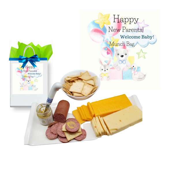 Happy New Parents Munch - Snack Gift Bag: Send a little something for them as they celebrate their new bundle of joy!     Send Along with your New Baby Gift Basket.   Gift Bag Includes:  .9 oz Olive Oil & Sea Salt Cracker, 5 oz Beef Summer Sausage made in the USA, By Jocelyn & Co, made in the USA: 8 oz Brick Cheddar Cheese, 8 oz Brick Jalapeno Monterey Jack, 2 oz Gourmet Amber Beer Mustard,  Gift comes wrapped in Tissue Paper in gift bag with hand tied bow. A complimentary enclosure card with your personal message.
