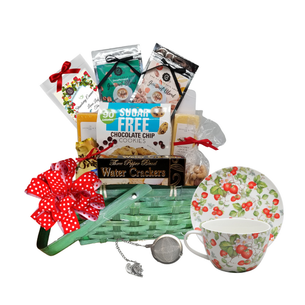 Sugar Free Strawberry Gourmet Gift Basket : Send as a Holiday gift they'll be thrilled with sweets and savory created especially for those who prefer sugar free sweets. This box features Sugar Free Salted Caramel Cookies by Too Good Gourmet.  Also available in other flavors.   Includes:  Jumbo Strawberry Vine Coffee/Tea Cup and Saucer, Porcelain, Dishwasher/microwave safe. Green Basket with handles,  6 oz boxed Sugar Free Chocolate Chip Cookies by Too Good Gourmet, 1 oz Cornucopia's Gourmet Whole Coffee Bean, 1 oz Cornucopia's Gourmet Whole Decaffeinated Coffee Bean, 1 oz Cornucopia's Specialty Loose Leaf Tea - Strawberry Essence Black Tea, 1 1/2 " Stainless Steal Teaball Infuser with Cornucopia Charm, 1 oz. Black Pepper Water Cracker, 5 oz Deluxe Mixed Nuts, Cashews, Pistachios, Almonds, Hazelnut, Walnuts 1.46 oz Werther’s Original sugar free Caramel Chocolate hard candies, By Jocelyn & Co, made in the USA: 8 oz Brick Cheddar Cheese, 8 oz Brick Jalapeno Monterey Jack,  Gift is wrapped in cellophane and tied with handmade bow.  An enclosure card with your personal gift message.