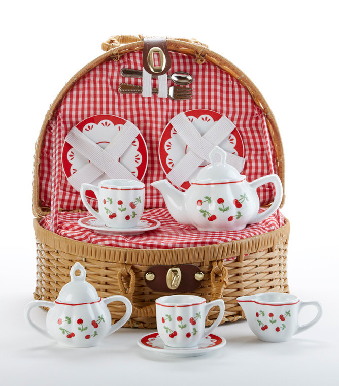 Toy Porcelain Tea Set in Basket-Cherry: It's a tea party set for two! Cherry print tea set in a natural picnic basket with a red check cloth liner. Perfect activity set for any little girl. By Delton ages 8+ •	1-Teapot, •	2-Cup and Saucer, •	2-Serving plates, •	2 each, Spoon and Fork, •	1-Storage Picnic basket. This set is part of the Cornucopia's Toy Tea party set and comes with additional add ons: •	Perfect tea party companion doll by Apple Dumplin Dolls •	1 oz (12 tea parties or more) Children's Tea available  o	There is hardly another fruit on this planet which is as popular among young and old as the strawberry. We are, therefore, presenting our decaffeinated, flavored green tea variation. Its mild and, at the same time, intense taste is due to a natural strawberry flavoring, which shines when interacting with the soft tea basis. Ingredients: decaffeinated green tea, freeze-dried strawberry pieces, natural flavoring type strawberry. •	All choices are shipped together in one box. •	Gift card enclosure