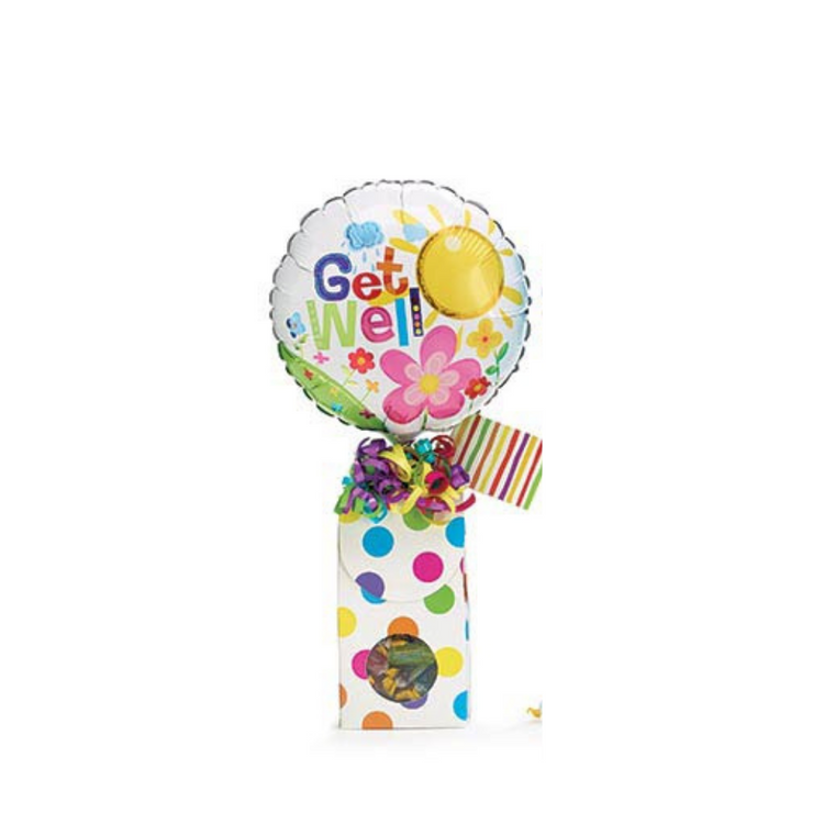 Get Well Balloon Candy Bouquet Sometimes a little can say so much and make their day a little brighter knowing you thought of them.  Send a smile today, send this get well giftable.  Includes heavy paperboard candy box filled with a mix of name brand candy such as Starburst, Sweet Tarts, Tootsie Roll, Jolly Rancher Skittles, Nerds, Laffy Taffy or Tootsie Fruit Chews. Get Well 9" air-filled balloon, ribbon curls, and your personal message on a gift card.