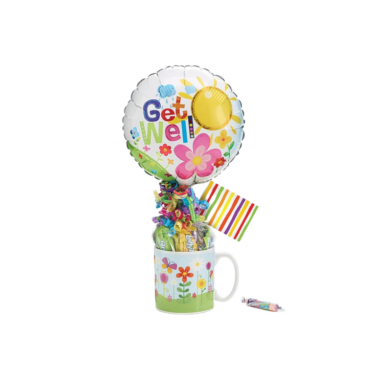 Get Well Balloon Candy Mug Bouquet  Make their day a little brighter knowing you thought of them.  Send a smile today, send this get well giftable.   Includes Happy flowers print Ceramic mug, 9" air-filled Get Well balloon, a mix of name brand candy such as Starburst, SweetTarts, Tootsie Roll, Jolly Rancher, Skittles, Nerds, LaffyTaffy or Tootsie Fruit Chews. Mix may vary in each gift. ribbon curls, cellophane wrap, and card.