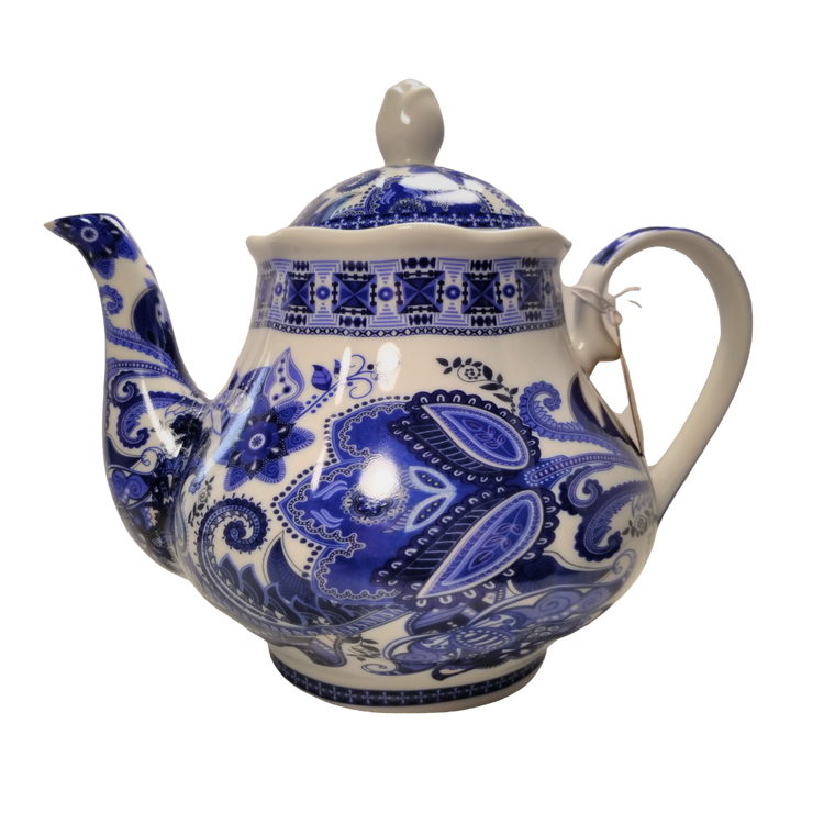 Blue Paisley Teapot with Tea Gift: 16 oz. by Kent pottery Teapot, Porcelain, with a classic blue paisley print on white background. Dishwasher and microwave safe.