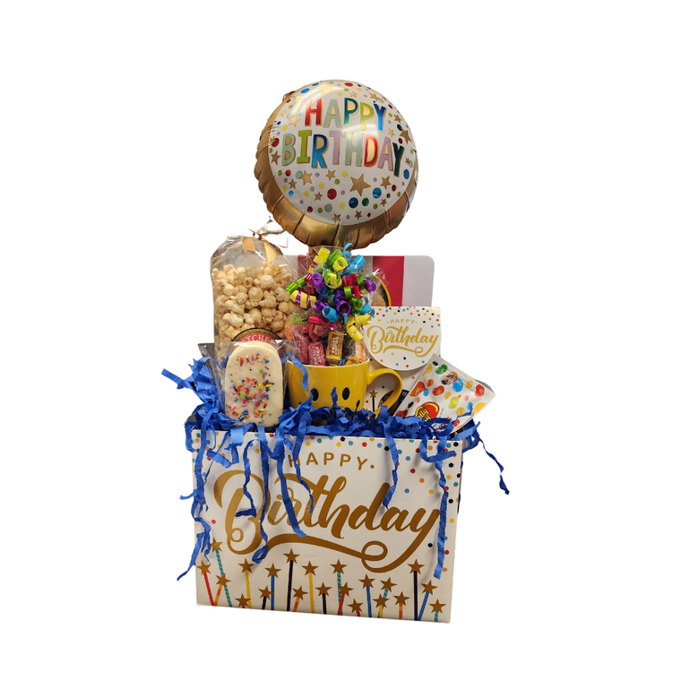 Happy Birthday Wishes Gift Box:  Comes with a personal goody party of gourmet cookies, candy, Jelly Belly Jellybeans, Birthday Cake flavored gourmet popcorn.  Candy Smiley Mug with Birthday Balloon.  Mug comes filled with a variety of traditional name brand hard candy. Includes: •	Smiley Mug and 9" air-filled, ribbon curls Birthday Balloon, filled with a mix of name brand candy, Starburst, Sweet Tarts, Tootsie Roll, Jolly Rancher Skittles, Nerds, Laffy Taffy, or Tootsie Fruit Chews.  •	Jelly Belly Jellybeans mini assorted flavors, •	2.5 oz Jumbo Chocolate Chip Cookie, gift boxed "You are the best", statement, •	Assorted Candy Happy Birthday Box, •	Happy Birthday Marshmallow chocolate covered popsicle,   •	*4 oz bagged Birthday Gourmet Popcorn 9” tall x 2.5” D, Gift comes wrapped in cellophane, matching ribbon, and paper shred fill.  A complimentary gift card with your personal message.