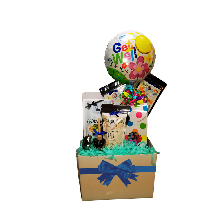 Get Well Soup N’ Tea - Balloon Bouquet Gift Box  Sometimes a little can say so much and make their day a little brighter knowing you thought of them.  Send a smile today, send this get well giftable. 
Gift Includes:
•	heavy paperboard candy box filled with a mix of name brand candy such as Starburst, SweetTarts, Tootsie Roll, Jolly Rancher Skittles, Nerds, LaffyTaffy or Tootsie Fruit Chews. Get Well 9" air-filled balloon, ribbon curls, and your personal message on a gift card.
•	2-1 oz of Loose-Leaf Cornucopia Teas: Our Teas come in resealable pouches with decorative tea labels as shown in the image, along with a brewing guide. 
o	8T21339 Fruit tea blend, flavored Aloe Vera Chamomile Lemon. Candied, large white Aloe vera slices, whole yellow chamomile blossoms and bright orange slices create a visually beautiful tea that looks like a bright summer’s day. Cooling, & soothing.
o	7T6513 Detox (Loose Leaf) aims to establish a balance of immunity, inner peace and physical rejuvenation, allowing one's prakriti to heal and start anew. 
•	1 oz Mini Honey,
•	Wood Honey Spool,
•	1 1/2 " Tea Ball with drip catcher stainless steel by Cha Cult (Germany)
•	J & M Gourmet Spiced Cinnamon Tea Cookies in Cornucopia’s Gift basket packaging. 
Gift comes shrink wrapped in cellophane and hand tied bow. Enclosure card with your personal gift message 200-character limit.