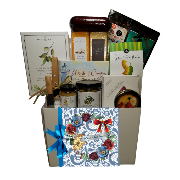 IIn Times of Great Sorrow-Sympathy Gift Basket: A gift to let them know you are thinking of them in their time of loss.  A Book to assist in the grieving process titled “Words of Comfort for Times of Loss”, by authors Cecil Murphey and Liz Allison.  From Cornucopia’s Epicure Shop, a showcase of gourmet specialties and gifts ideal to show you care.   Includes:    Book to assist in the grieving process titled “Words of Comfort for Times of Loss”, by authors Cecil Murphey and Liz Allison. Stainless Steel Cleaver, 5 oz French hard candy drops, .9 oz Olive Oil & Sea Salt Cracker Mini Cheese Spreader, 2 -1 oz Whole Coffee Bean, Decaf, and Regular, by The Cornucopia Epicure Shop *5 oz jar Sevillano Green Olives with Herbes de Provence (basil, thyme, fennel, and lavender) *2 oz Gourmet Amber Beer Mustard, *5 oz Hardwood Smoked Summer Sausage,  *4 oz Cheddar Cheese bar, *8 oz Jalapeno Monterey Jack Cheese bar,  8 oz cello bag Brownie Bites,  6 oz Gourmet Tea Cookies. Almond, Orange, or Lime depending on availability.  *Gourmet Food products are made in the USA and are shelf stable.   Gift comes wrapped in cellophane with hand tied bow, a complimentary enclosure card with your personal message is tucked inside and folds over the front of the gift. 500 character limit.