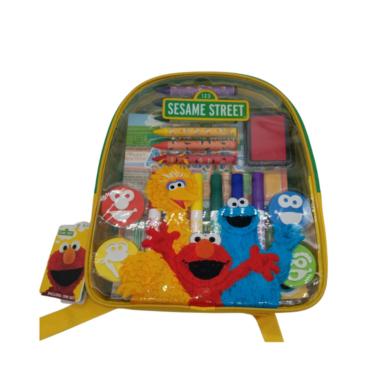 21-Piece Art and Activity Backpack - Sesame Street  This Sesame Street® Art and Activity Backpack makes the perfect gift for any aspiring young artist! Kids will enjoy endless creative fun with over 20 arts and crafts materials all together with easy storage and portability. Great for creative fun at home or on the go! •	Measures 10 inches by 11 inches by 2.75 inches •	Backpack includes: 6 broadline markers, 6 jumbo crayons, 4 foam stampers, 2 sticker sheets, 1 artist pad, and 1 ink pad, •	Reusable backpack •	Backpack features thick, cushioned straps and handle, •	Straps are adjustable, •	Zipper closure •	Markers are washable from skin and most children's clothing, •	Great for creative fun at home or on the go! •	Licensed product Gift Card included with your personal message tucked inside the package.