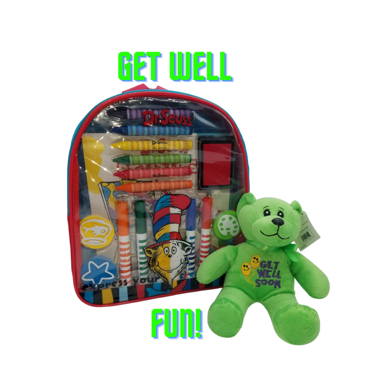 Get Well Activity Backpack -Dr. Seuss™: This Get well wishes includes a little get-well care bear, along with a Dr. Seuss™ Art and Activity Backpack makes the perfect get-well gift for any aspiring young artist! Kids will enjoy endless creative fun with over 20 arts and crafts materials all together with easy storage and portability. Great for creative fun at home or on the go! •	Measures 11 inches by 10 inches by 2.75 inches •	Backpack includes: 6 broadline markers, 6 jumbo crayons, 4 foam stampers, 2 sticker sheets, 1 artist pad, and 1 ink pad, •	Reusable backpack •	Backpack features thick, cushioned straps and handle, •	Straps are adjustable, •	Zipper closure •	Markers are washable from skin and most children's clothing, •	Great for creative fun at home or on the go! •	Licensed product •	Get Well Plush Bear Gift Card included with your personal message tucked inside the package.