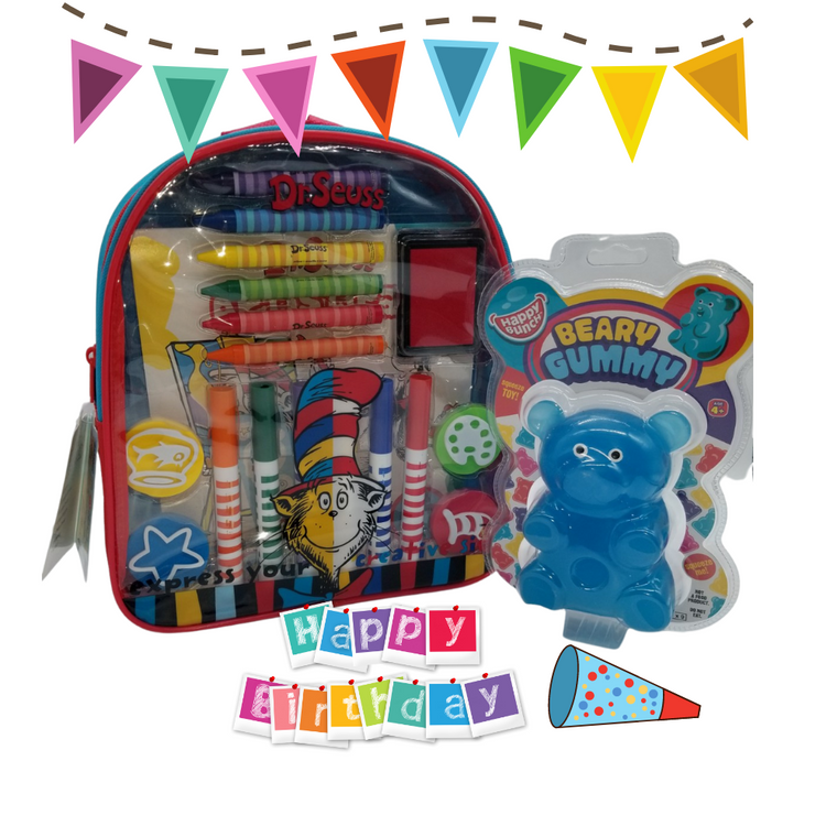 Happy Birthday Activity Backpack -Dr. Seuss™: This Happy Birthday Gift for boys or girls includes a Giant Beary Gummy Super Squeezy Toy, along with a Dr. Seuss™ Art and Activity Backpack makes the perfect happy birthday gift for any aspiring young artist! Kids will enjoy endless creative fun with over 20 arts and crafts materials all together with easy storage and portability. Great for creative fun at home or on the go!  Activity Measures 11 inches by 10 inches by 2.75 inches Backpack includes: 6 broadline markers, 6 jumbo crayons, 4 foam stampers, 2 sticker sheets, 1 artist pad, and 1 ink pad, Reusable backpack Backpack features thick, cushioned straps and handle, Straps are adjustable, Zipper closure Markers are washable from skin and most children's clothing, Great for creative fun at home or on the go! Licensed product  Beary Gummy Toy:  Toy measures approximately 5 inches by 3.3 inches Assorted colors Peggable blistered packaging Package measures 9 inches by 6 inches Super squeezy toy For children ages 4 and up Conforms to the safety requirements of ASTM F963  Gift Card included with your personal message tucked inside the package.