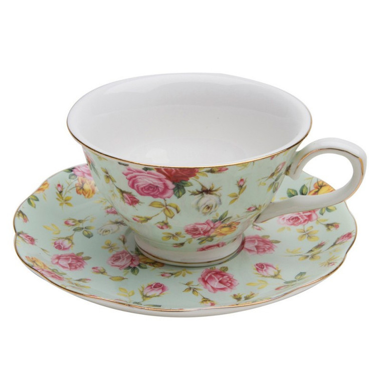 Blue Cottage Rose Cup/Saucer: 8 oz Cup. Made of Porcelain. Gold Trimmed Part of the Blue Cottage Rose Chintz set, perfect by itself or with the teapot and warmer. Full set also available.