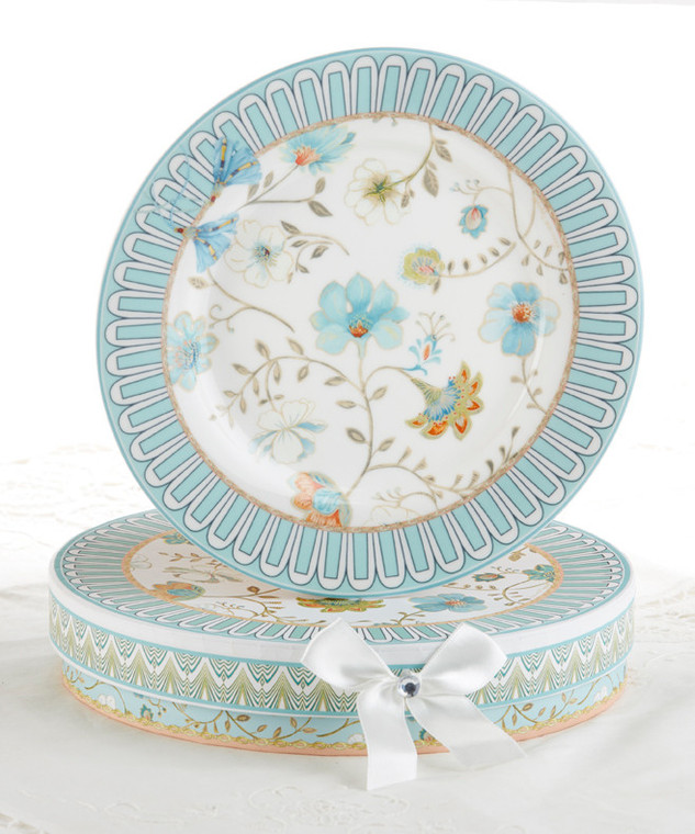 8" Porcelain 2-Plate Set/gift Box, Blue Romance. Part of the Blue Romance tea set collection.  Create a two piece dessert service for tea for two or more!  Special ordering available for larger quantities, just ask!   Includes:  2 pc Plate Set, made of Porcelain.