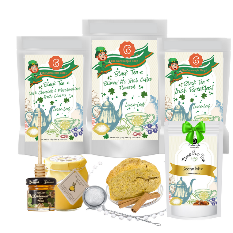 St. Patrick's Holiday Tea Gift Set: Happy St. Patrick's Day Teas, Scone mix, honey, honey spoll, tea ball infuser, Lemon Spread make up this delightful St. Patrick's Day celebration for tea lovers.    3-1 oz Net Wt. 28g, St. Patrick's Day Variety Pack - Loose-Leaf Tea. Each makes 12 cups of tea Blimey! it's Irish Coffee Flavored -Rooibos Tea Irish Breakfast- Blk Tea Black Tea, Dark Chocolate & Fruity Marshmallow Charms Honey and Spool, Tea Ball Infuser, Meyer Lemon Spread - 6 oz  by Bella Cucina Conrnucopia's Cinnamon Spice Scone mix, makes 8 scones Gift comes wrapped in cellophane with hand tied Shamrock Green & Gold bow, Shamrock Confetti. A complimentary enclosure card with your personal message