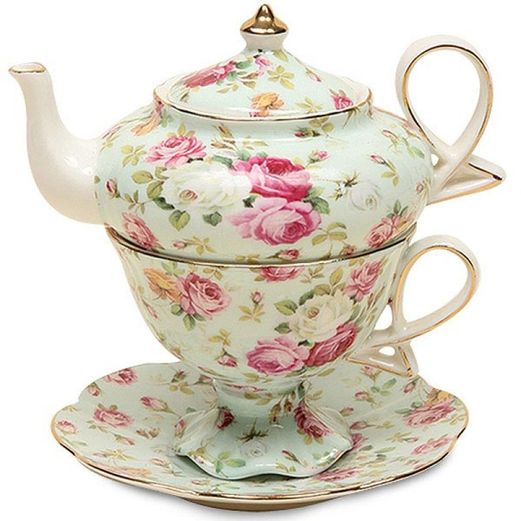 French Baroque - Blue Rose Chintz Tea for One: French Baroque style fine porcelain, by Stechol, Grace's Teaware, Stacked Teapot with Cup Saucer. Gold Trimmed. 6 inch Tall. Rose chintz floral pattern with a pastel blue background.  4 Piece Includes Teapot Stacked with Cup Saucer. Dishwasher, microwave safe.  Enclosure card included with your personal message.