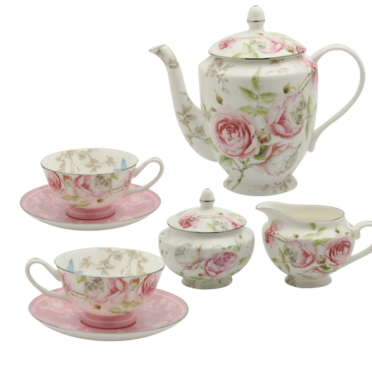 Beau Rose Grace Coffee/Tea Set-Service for Two: Grace's Teaware, Teapot with 2/ Cup Saucer set, Cream and Sugar in Beau Rose pattern. Fine Bone China. Gold Trimmed cabbage rose pattern of creams and pink.   2 Service Set Fine Bone China  4 Cup Coffee/Teapot, 30 ounces.  2-7 oz Cup/Saucer Set,  9 ounces Covered Sugar Bowl, 9 ounces Creamer Pot.  Dishwasher, microwave safe.   Enclosure card included with your personal message.