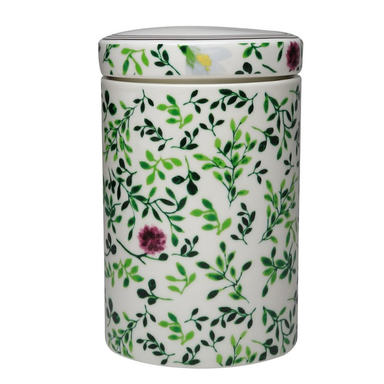 Green Leave Canister Porcelain: Porcelain Tea Canister 7.5in Height will bring an extra touch of happiness to your teatime.  Lid is airtight to keep your Tea fresh for full shelf life.   Care: Dishwasher safe