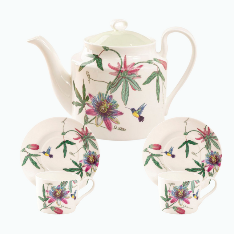 Lotis Bone China Tea Set: Grace's Teaware, Fine Bone China.  5 cup Teapot with 2 Cup/saucer set, Cream & Sugar, in Hummingbird print.   1 5 cup Teapot, 2 Sets of 7 oz Cup & Saucer.    Enclosure card included with your personal message.