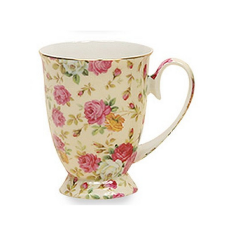 Rose Chintz Footed Mug Yellow-Grace Teaware, Coffee/Tea Mug    Includes:  10 oz Footed Mug, 4.5" H, Rose Chintz Print in Yellow, Dishwasher/microwave safe.