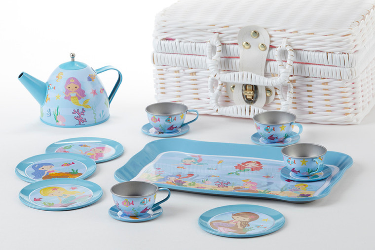 Toy Tin 15 Pc Tea Set in Basket - Mermaid: It's a tea party set for four!  Comes in the sweetest white picnic baskets with a full tea party service for four. Perfect activity set, to keep them busy. By Delton •	1-Teapot, •	1-Service tray, •	4-Cup and Saucer, •	4-Serving plates, •	4-spoons in fabric pouch •	1-Storage Picnic basket. •	Ages 3 + This set is part of the Cornucopia's Toy Tea party set and comes with additional add on: •	Perfect tea party companion doll by Apple Dumplin Dolls •	1 oz (12 tea parties or more) Children's Tea available o	There is hardly another fruit on this planet which is as popular among young and old as the strawberry. We are, therefore, presenting our decaffeinated flavored green tea variation. Its mild and, at the same time, intense taste is due to a natural strawberry flavoring, which shines when interacting with the soft tea basis. Ingredients: decaffeinated green tea, freeze-dried strawberry pieces, natural flavoring type strawberry. •	All choices are shipped together in one box. •	Gift card enclosure