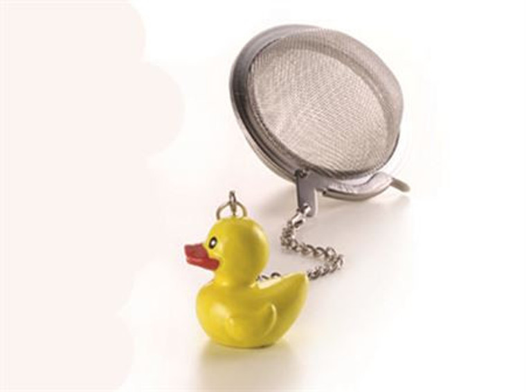 Tea ball with Charm -Duck " Fred" stainless steel, diam. approx. 2.0" allows you to brew your loose leaf tea. Perfect size for Tea by the cup, Tea for one sets, Mugs, and 2 cup teapots.  How to Use:   Fill with 1 1/2 Teaspoon of your favorite Cornucopia Loose Leaf Tea and use just as you would a teabag.  Allow to sit in the water for a moment or two and then dip it in and out of the tea cup, or pot to release the tea flavors and it reaches your desired color or strength of tea. Remove and place on a tea saucer, teabag holder or if included the tea ball rest.