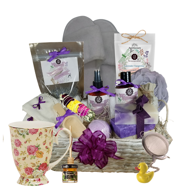 Spa Day French Lavender Bliss– Luxury Spa Gift Basket by The Cornucopia Shop LLC: Our Bath Soaks are made of the highest quality ingredients of botanicals, Teas, Essential Oils, Dead Sea Bath Salts, Epsom Bath Salts, & Pink Himalayan Salts. Aromatherapy to lift and rejuvenate the mind. Our line includes Hand Crafted Cold Process Soaps, Body Lotions and Perfume Body Sprays, and Luxury Bath Bombs to sooth, soften and re-fresh. Dried Botanical Lingerie Sachet to scent a drawer. Includes:  •	1- Reusable whitewashed natural fiber basket, •	1- 4 oz Lavender Bath Salts all-natural no dyes Super Lavender origin France, •	1- 8 oz Lavender Vanilla Body Lotion, •	1- 8 oz. Lavender Vanilla Body Spray, •	1-.05 oz Super Lavender Drawer Sachet, •	2- Linen Bath Tea Bags (reusable) hand wash, •	1- Wooden Bath Salt Scoop,  •	1- Buff Puff, •	1- Ladies Slippers, open toe, •	1 - Chintz Rose Footed Mug, Porcelain, •	1- oz Sleep - Cornucopia’s Tea, yields approx. 12 cups, Organic, Kosher •	1- Mini Honey, •	1- Wood Honey Spool,  •	1- Stainless steel tea ball with Charm 1 1/2 ", •	1 - Smudge Stick, burn to cleans an area of your home for spiritual renewal.  •	5 oz 2 1/2 “, Lavender Petals Bath Bomb, •	3 Cold Process Bar Soaps,  o	1 Oak Moss Lavender Scrub, o	Ylang Ylang & Lavender, o	Lavender Lemongrass. Gift comes shrink wrapped in reusable whitewashed natural fiber basket with handles, natural fiber fill, decorative gift bow, and enclosure gift card. Key Ingredients: Bath Salt: Organic Lavender- Super French, Epsom Salts, Lavendar Essential Oil. Body lotion: Water, Blend of (Coconut Oil, Hempseed Oil, Sunflower Oil, Vitamin E, Mineral Oil), Propylene Glycol, Stearic Acid, Cetyl Alcohol, Phenoxyethanol, Ethylhexylglycerin, Glyceryl Stearate, Petrolatum, TEA 99%, Proprietary Fragrance and Essential Oil Blend, Dimethicone, Carbopol, Disodium EDTA, Allantoin, Aloe Vera Gel. Perfume Body Spray: Water, Polysorbate 20, Fragrance, DMDM Hydantoin, Disodium EDTA Cold Process Soaps: Olive Oil, Soybean Oil, Coconut Oil, Corn Oil. Sunflower Oil, Organic Shea Butter, Water. Sodium Hydroxide (Lye), Fragrance INCI: Olea Europaea (Olive) Oil, Glycine Soja (Soybean) Oil, Cocos Nucifera (Coconut) Oil, Zea Mays (Corn) Oil, Helianthus Annuus (Sunflower) Seed Oil, Butyrospermum Parkii (Shea Butter), Aqua, Sodium Hydroxide, Fragrance. May contain FD&C color. Please note that due to the handmade nature of this soap, color shades and swirl styles may slightly vary. Each loaf and bar is unique!