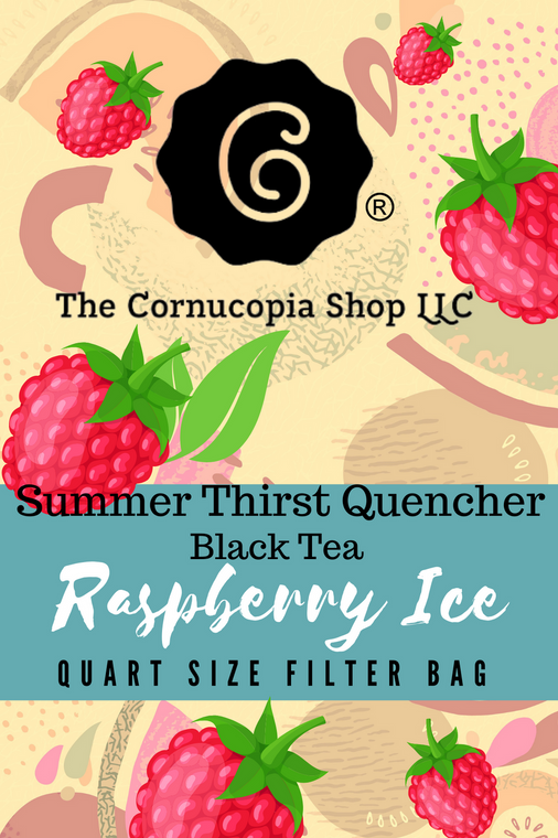 Raspberry Ice is a classic iced tea blend that combines robust organic black tea with raspberry essence. Each package contains a total of 8 one-quart brew bags. Each package contains a total of 6 one-quart brew bags.  Iced Tea Quart Sized Brew Bags: Bring fresh water to a boil. Add 1 brew bag to one quart of water in a heat proof container. Remove tea bag/strain tea leaves, and let infused tea cool to room temperature. Serve over ice or chill. Discard unused iced tea after 48 hours. Multiply proportions of iced tea brew bags to make larger quantities.  Iced tea: in an iced tea maker (see item 41778) or large heat proof pitcher or teapot, brew 1 qt. bag as directed above and allow to cool on the counter before refrigerating.  For sweet tea, start with 1/3 to ¼ cup of sugar, add hot water stir to dissolve, then add the tea bag to complete the brewing process.   Type of tea/ Brewing time Green Teas: 2-3 mins. with water just under boiling point White Teas: 3-5 mins. with water just under boiling point Herbs/Herbal Teas/Red Teas: 5-7 mins. with boiling water Black/Oolong Teas: 3-5 mins. with boiling water  Amount of Iced Tea Desired 1 quart (serves 4 people) = 1 brew bag 1 gallon (serves 16 people) = 4 brew bags For each additional gallon, add 4 brew bags