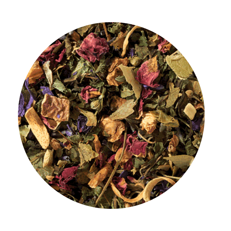 Herb tea blend Tuscan Dreams (Loose Leaf)  A flower composition like a dream: wonderful, colorful flower blossoms and herbs that already have a relaxing effect when preparing a cup of tea. Blue, purple and red blossoms underline the overall image. The indulgence of this smooth herbal blend seduces you with its delicate but noticeable aromas of flowery lavender and orange blossoms combined with the typical, slightly honey-like aroma of linden tree blossoms and the aromatic, fresh Melissa.  Ingredients: apple pieces, silver linden blossoms, melissa leaves, lavender, rose petals, sweet blackberry leaves, orange blossoms, mallow blossoms. Important: Always brew with boiling water and let infuse for 5-10 minutes in order to obtain a safe beverage!  Brewing:  10-12 minutes 203-212 °F 1-2 level tsp./ 6 oz serving