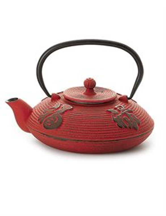Iron Teapot “Tianjin”
red-black, with relief,
enameled inside,
stainless steel strainer,
content 4 cups (27.1 fl. oz. / 0.8 l)
made in China

To clean, rinse with warm water and hand dry.  Not dishwasher safe.  Not for stove top or microwave use.