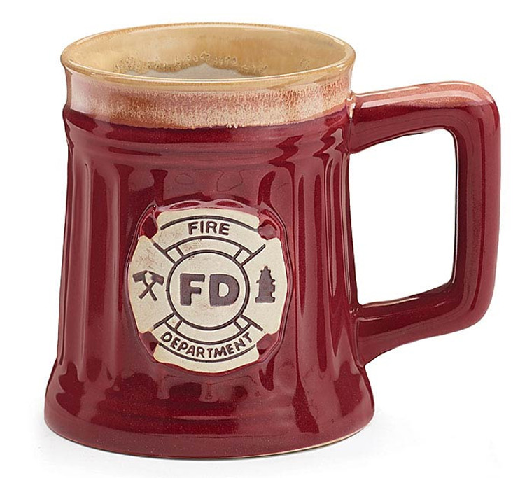 Dishwasher safe/FDA approved/Microwave safe.

Burgundy porcelain with vertical ribbed stein shape mug with tan rim Fire Department crest on the front. Individually boxed.

4 1/2"H X 3"Opening