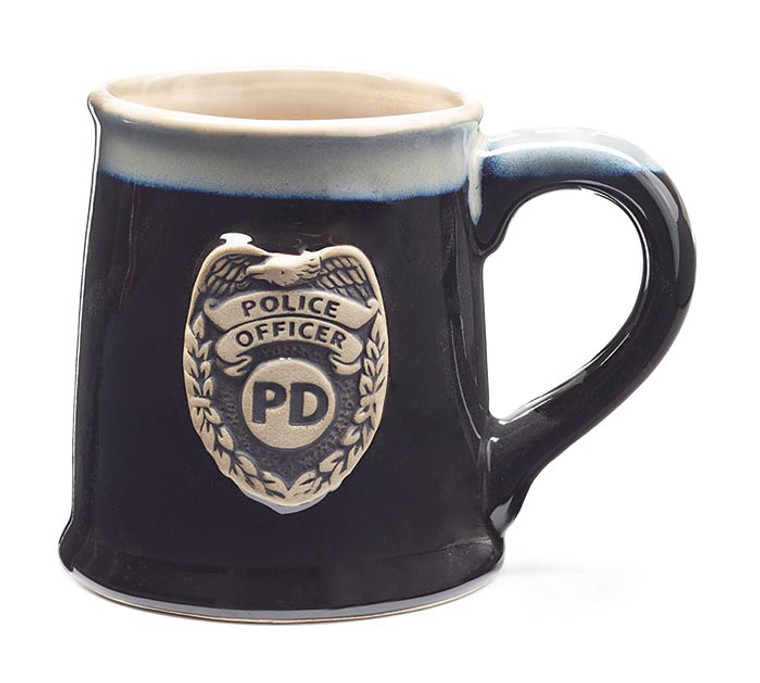 Dishwasher safe/FDA approved/Microwave safe.
Hand-painted porcelain black mug with a tan rim. Embossed badge symbol is in the center with "PD Police Officer" recessed in black. Interior is tan and handle is black. Individually gift boxed.

4.5"H x 3"Opening. Capacity: 18 oz.