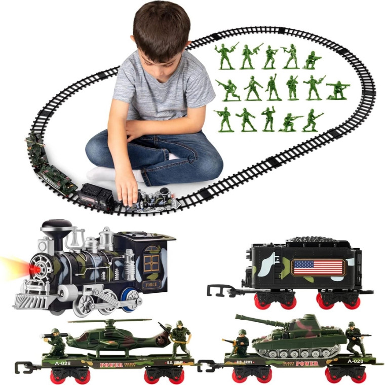 About this product

All Aboard for a Journey of Imaginary Play - Your toddler will enjoy hours of fun as they play themselves into a place where they can develop their own train hopping scenarios.

Let His Imagination Roll - This battery operated military train with tracks will take him on an imaginary journey like no other. The classic locomotive steam engine, helicopter and U.S. Army Soldiers all come in a beautifully designed box.


Create a Mini World that Comes to Life with Realistic Sounds & Lights - Easily assembled modular train tracks enable him to create his own layout for this train set toy for kids.


Not a Screen in Sight - Watch their imagination & creativity develop before your very eyes as you witness their exhilaration at watching a speeding electric train set going around the tracks.

Details
•  Made in China
•  Product Language: English
•  Weight: 1.73 lb (0.78 kg)
•  Dimensions: 14.6 x 12.6 x 3.6 in (37.1 x 32 x 9.1 cm)