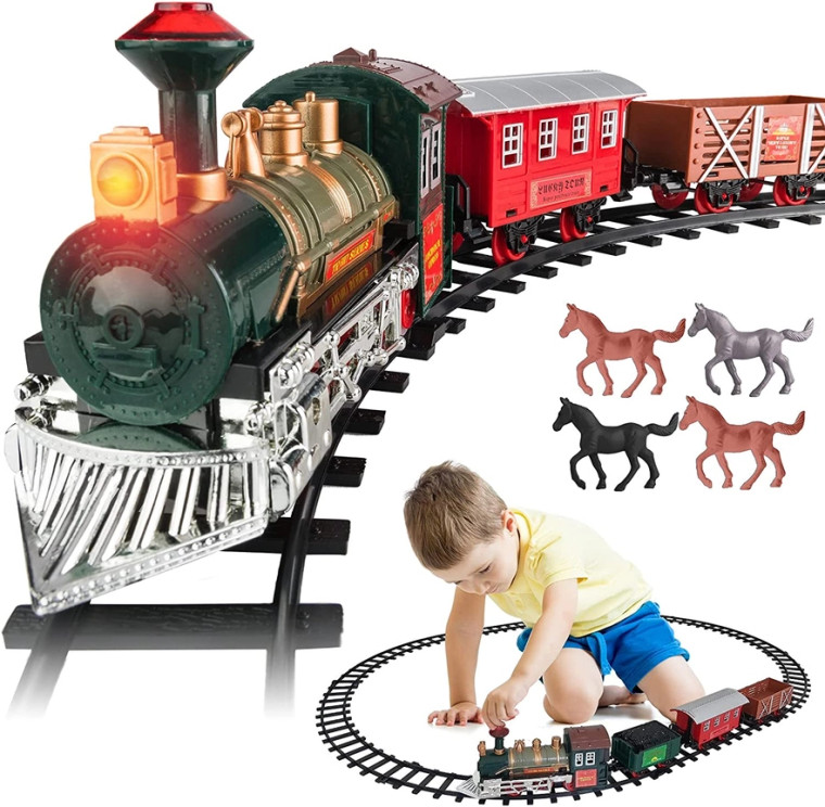 About this product

Little Boys Dream Of Electric Trains - The Arizona 1901 Electric Toy Train sets is the perfect introduction to the world of model train sets. The classic style locomotive steam engine with 8 rail tracks (6 curved and 2 straight), 3 train cars and bonus 4 model horses. 

Easy To Assemble - The modular train tracks slot into each other easily and firmly to your desired layout. Place the brightly colored engine and cars precisely on the tracks so it doesn’t go off the rails and watch it go. Lights and sounds make the experience really exciting. 

An Educational Opportunity - Electric polar train sets for kids give your kids or grandkids the opportunity to understand history from close up. A life where trains were responsible for industrial and personal changes that had simply not been possible before.


Details
•  Made in China
•  Product Language: English
•  Weight: 2.22 lb (1.01 kg)