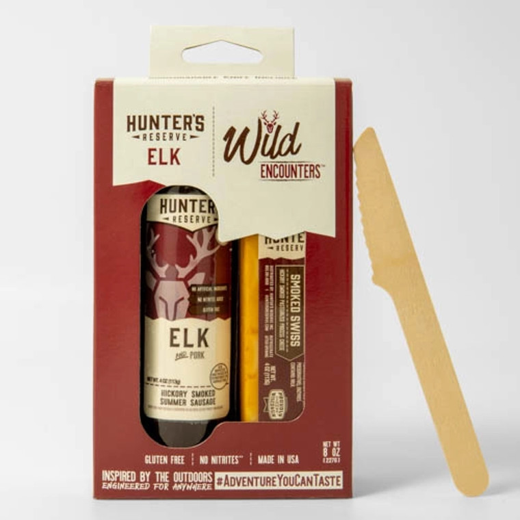 About this product
The Elk and Smoked Swiss is our top seller and for good reason. A brilliantly combined Elk Summer Sausage and naturally Smoked Swiss Shelf Stable Cheese team up for an irresistible smoky & savory combination.

Each Wild Encounter comes with a biodegradable knife for easy snacking!

Details
•  Made in United States
•  Shelf life: 6–12 months
•  Storage: Shelf-stable
•  Weight: 9.6 oz (272.16 g)
•  Dimensions: 8.5 x 5.5 x 1.5 in (21.6 x 14 x 3.8 cm)