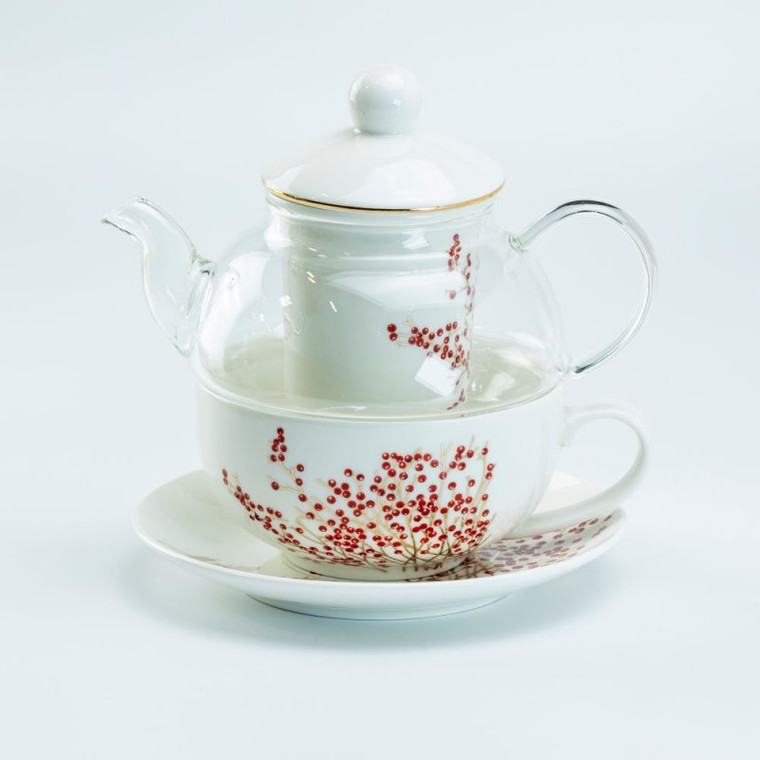 Red Berry Metalica Glass Tea for One w/infuser: 5 pc set, in shades of Red Berry floral print on a white background, A glass Teapot with porcelain Lid, Stacked with Porcelain Cup Saucer and Red Berry Decorated Infuser.

Tea for One Set, porcelain, 
Stacked glass teapot
porcelain teacup/saucer
Porcelain infuser
white background with floral print
Dishwasher safe

Other Items Available:

Tea choices available to add to your order in the Christmas Tea shop 

Teas and Teaware are shipped together,
Cornucopia Teas come in resealable pouches with decorative tea labels.
If purchasing as a gift your personal message is included on the gift card.